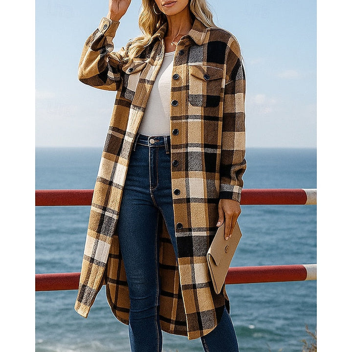 Brévore | Femme Manteau Long à Carreaux Style Chemise - Camel - Image 1