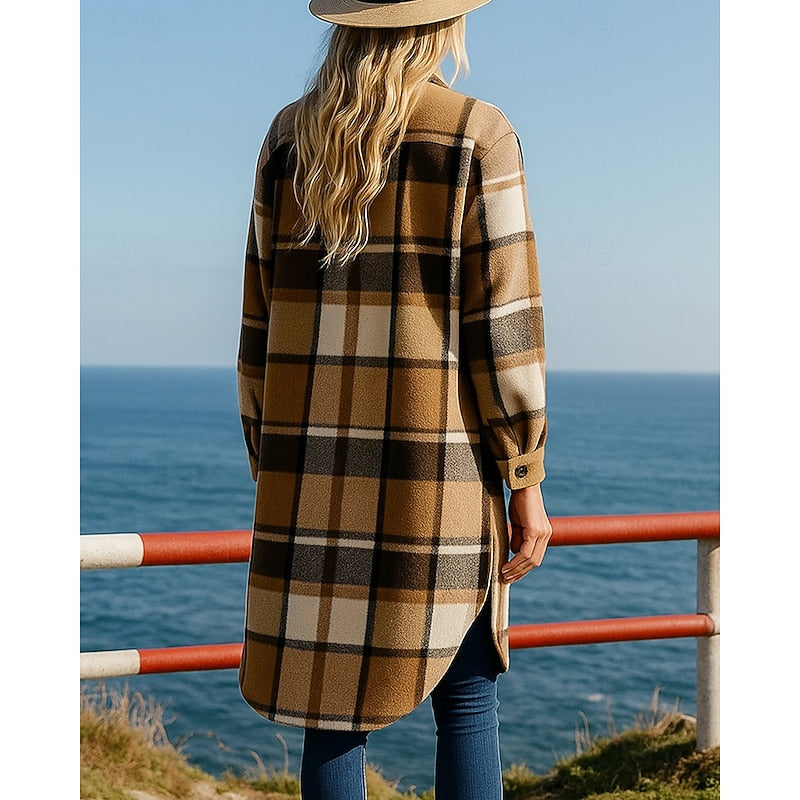 Brévore | Femme Manteau Long à Carreaux Style Chemise - Camel - Image 2