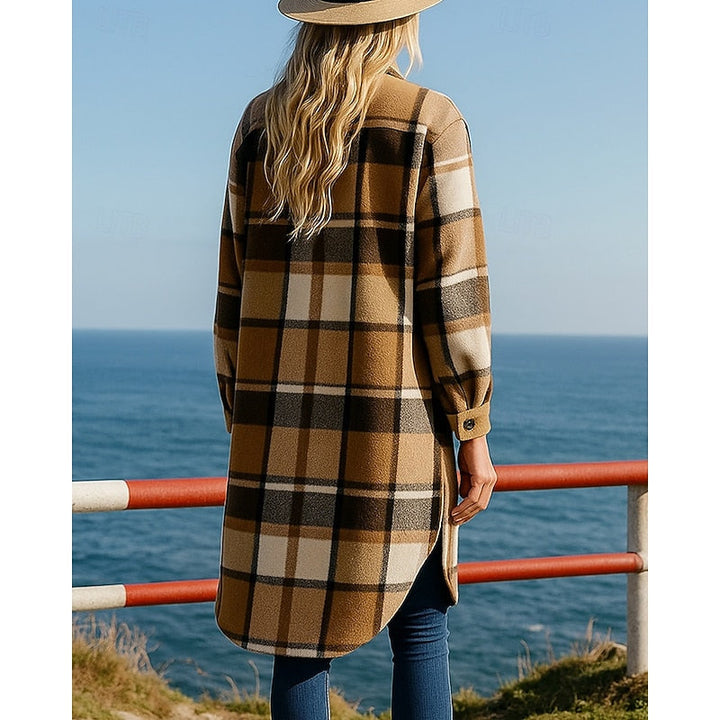 Brévore | Femme Manteau Long à Carreaux Style Chemise - Camel - Image 2