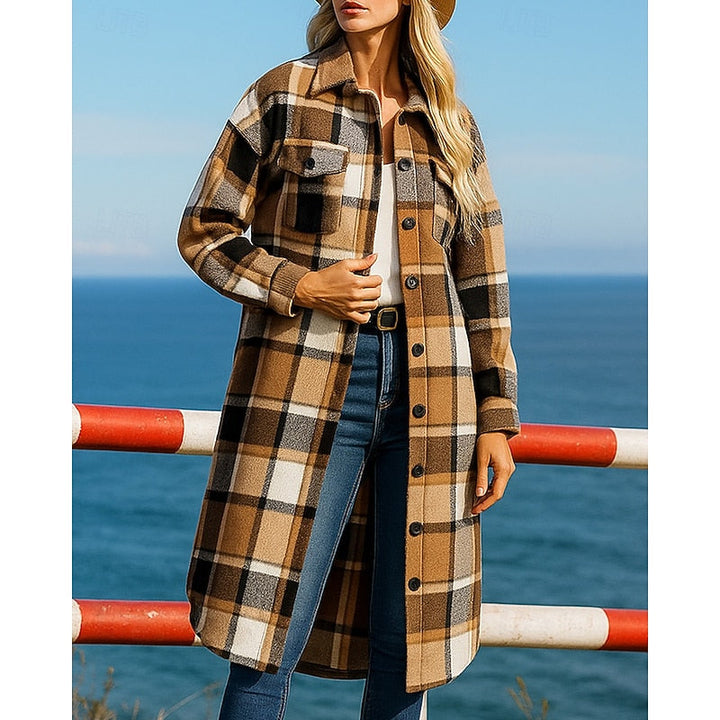 Brévore | Femme Manteau Long à Carreaux Style Chemise - Camel - Image 3