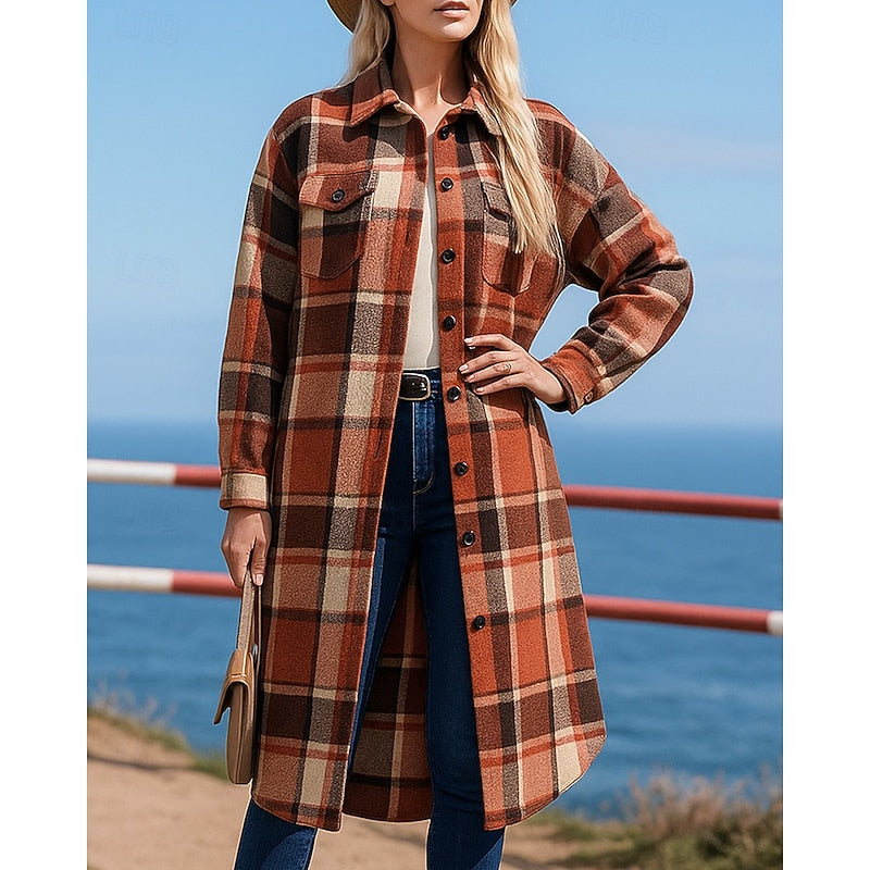 Brévore | Femme Manteau Long à Carreaux Style Chemise - Camel - Image 4
