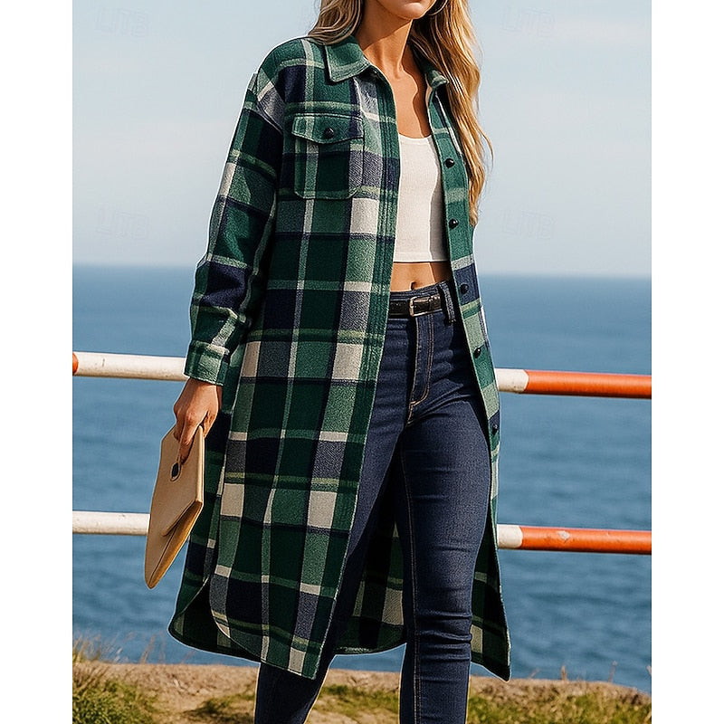 Brévore | Femme Manteau Long à Carreaux Style Chemise - Camel - Image 5