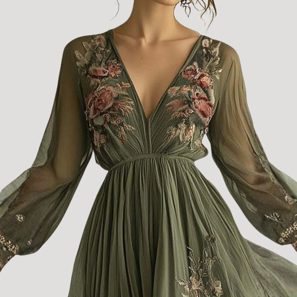 Calista | Women's Floral Embroidered Long Sleeve Maxi Dress - Sage - Image 2
