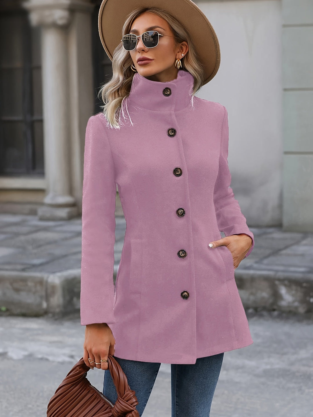 Loriève | Femme Manteau Boutonné Coupe Cintrée - Pink - Image 4
