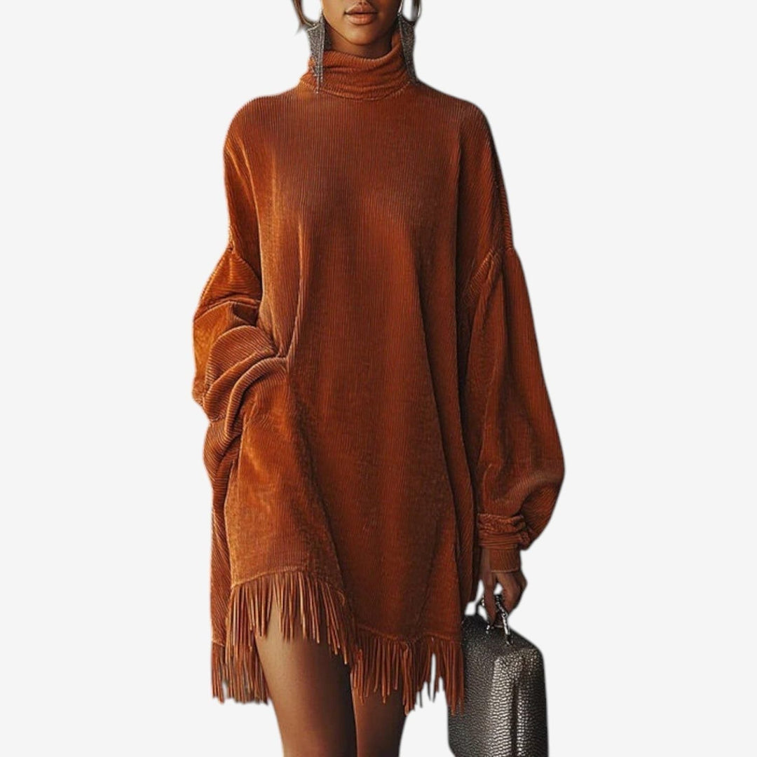 Calvène | Femme Robe Pull Col Roulé Oversize Franges - Brown - Image 1