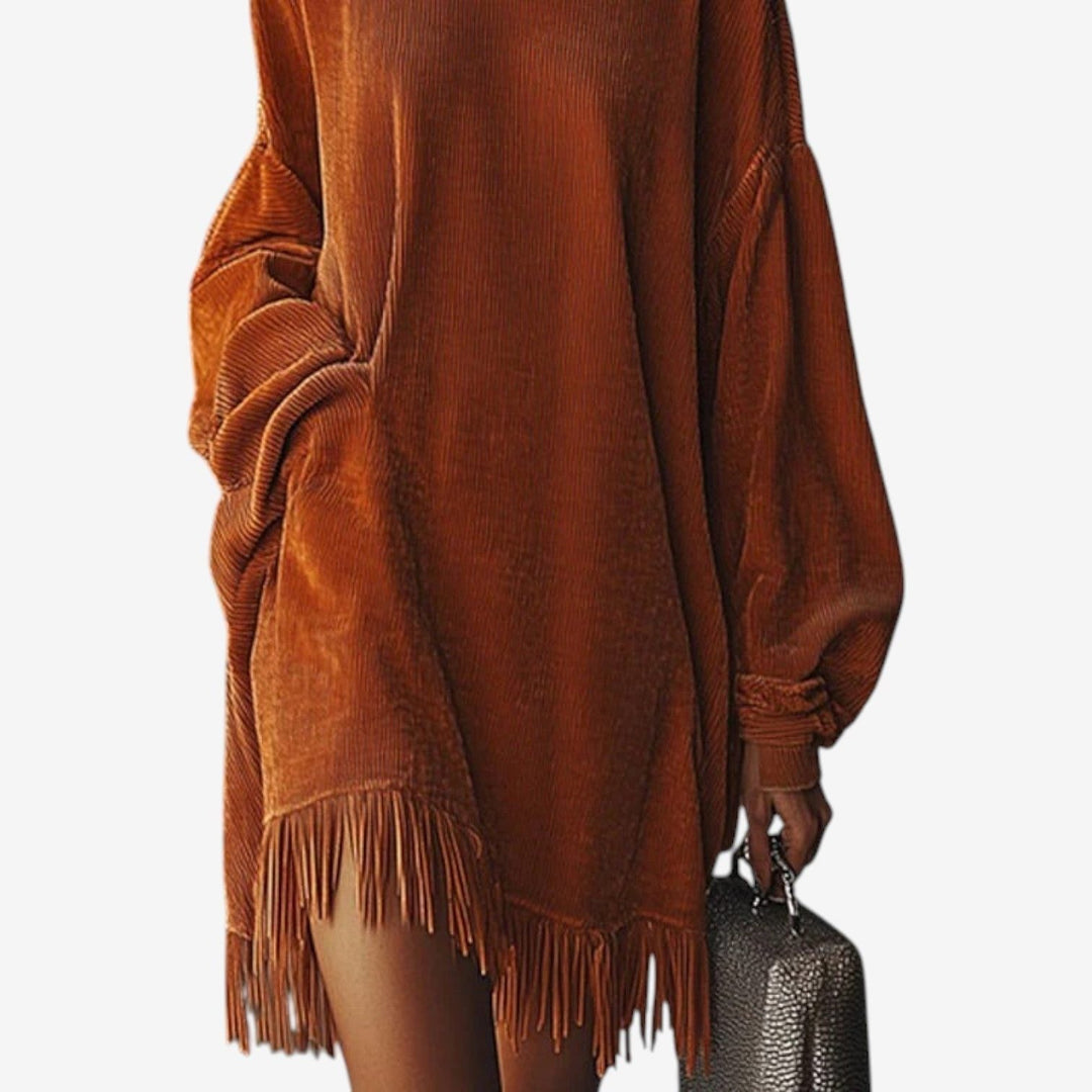 Calvène | Femme Robe Pull Col Roulé Oversize Franges - Brown - Image 3