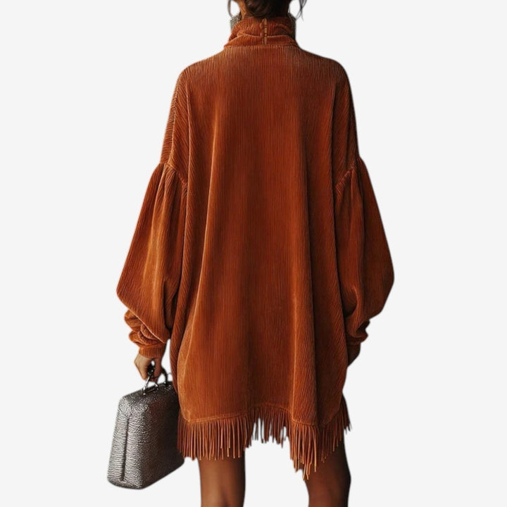 Calvène | Femme Robe Pull Col Roulé Oversize Franges - Brown - Image 4