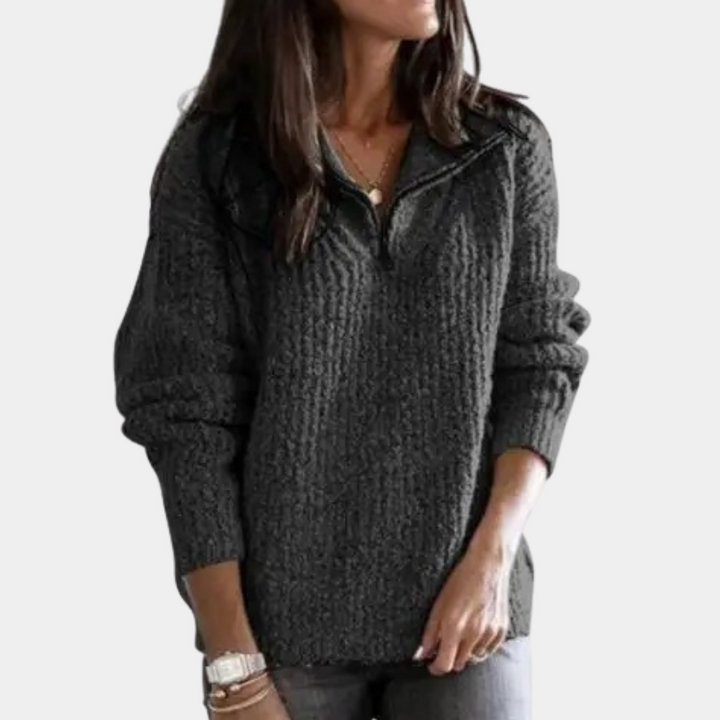 Calvène | Pull Femme Demi-Zip Tricoté - Dark Grey - Image 1