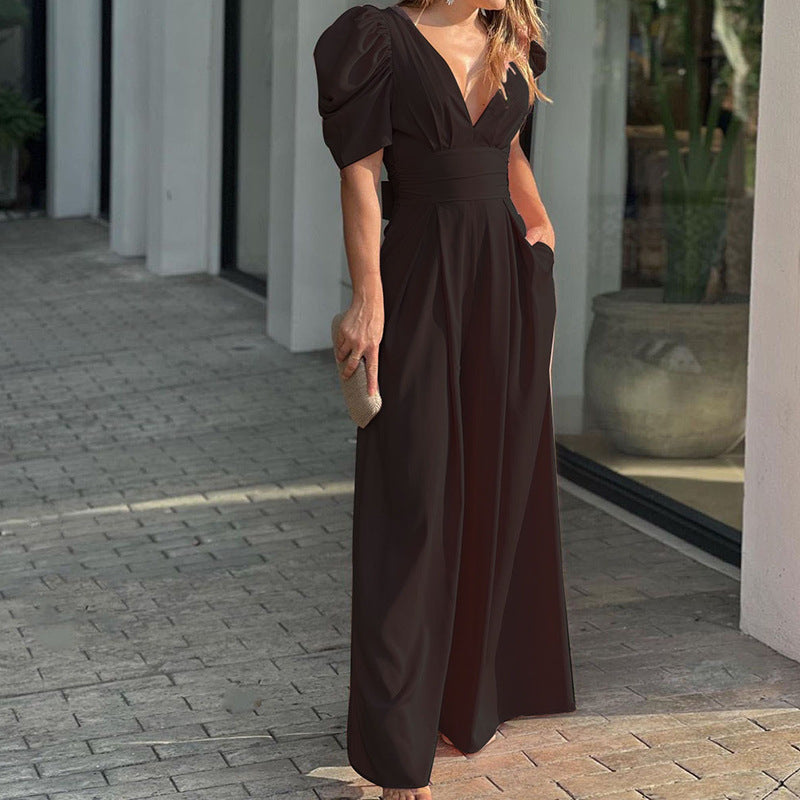 Celeste | Women's V-Neck Puff Sleeve Wide Leg Jumpsuit - Light Green - Image 2