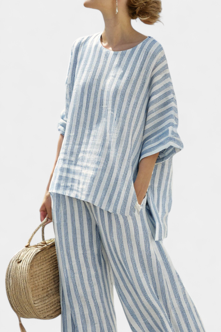 Celine | Women's Striped Wide Leg Pants Set - Striped - Image 2