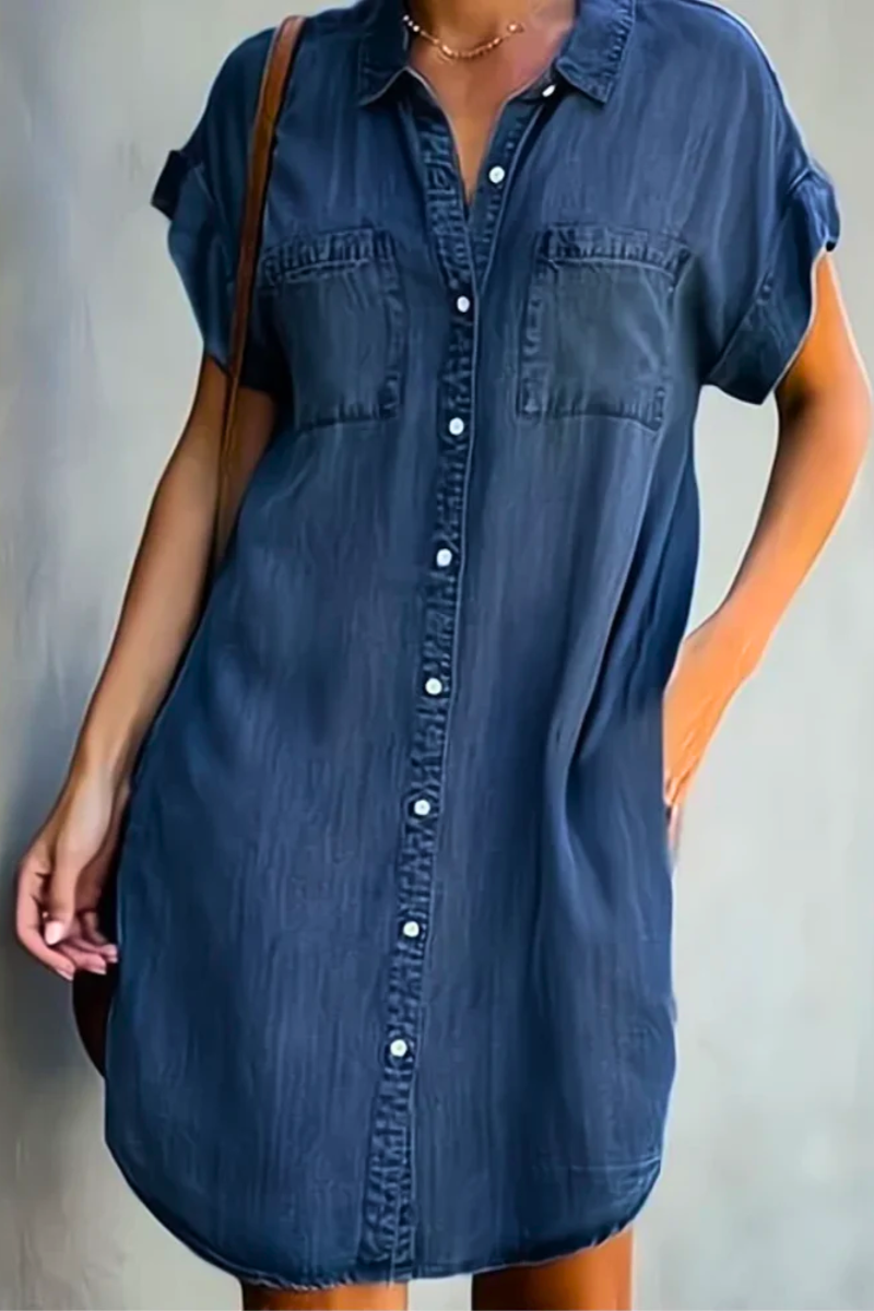 Clémonde | Femme Robe Chemise Jean Manches Courtes - Navy - Image 1