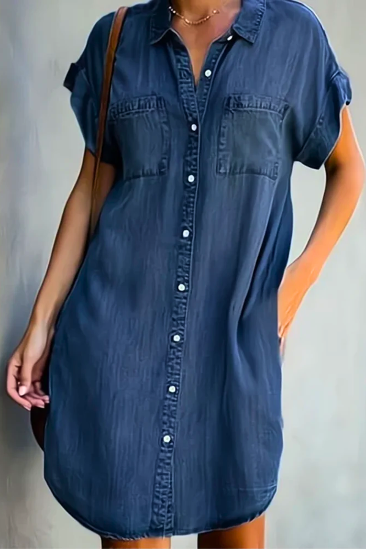 Clémonde | Femme Robe Chemise Jean Manches Courtes - Navy - Image 1