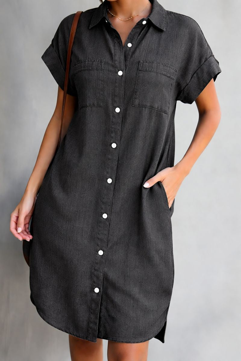 Clémonde | Femme Robe Chemise Jean Manches Courtes - Navy - Image 2