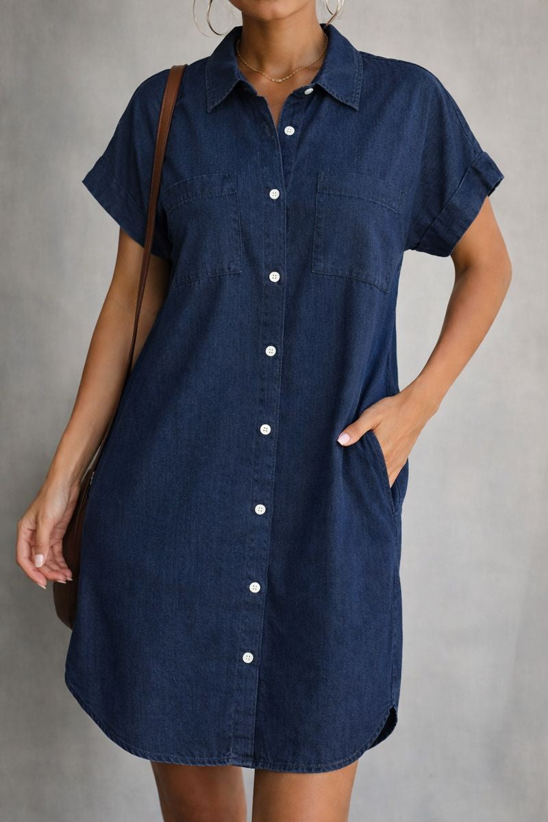 Clémonde | Femme Robe Chemise Jean Manches Courtes - Navy - Image 3