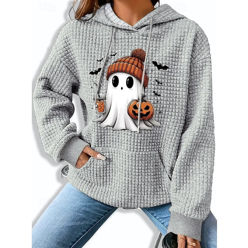 Cléophée | Pull Femme Capuche Motif Fantôme Halloween - Light Grey - Image 1