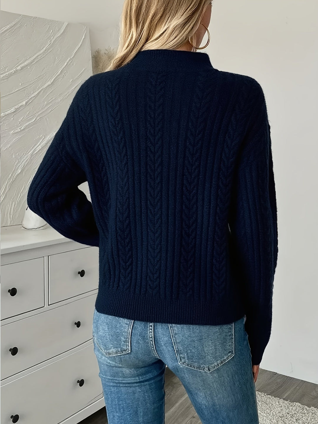 Célvaire | Femme Pull Torsadé Col Zippé - Navy - Image 3