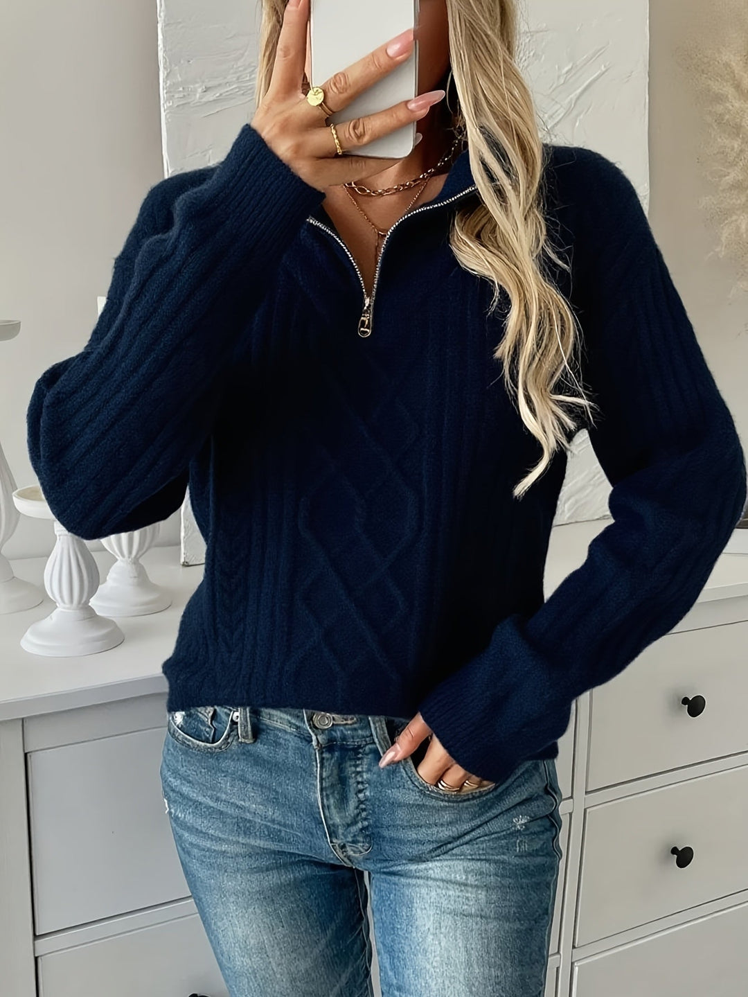 Célvaire | Femme Pull Torsadé Col Zippé - Navy - Image 7