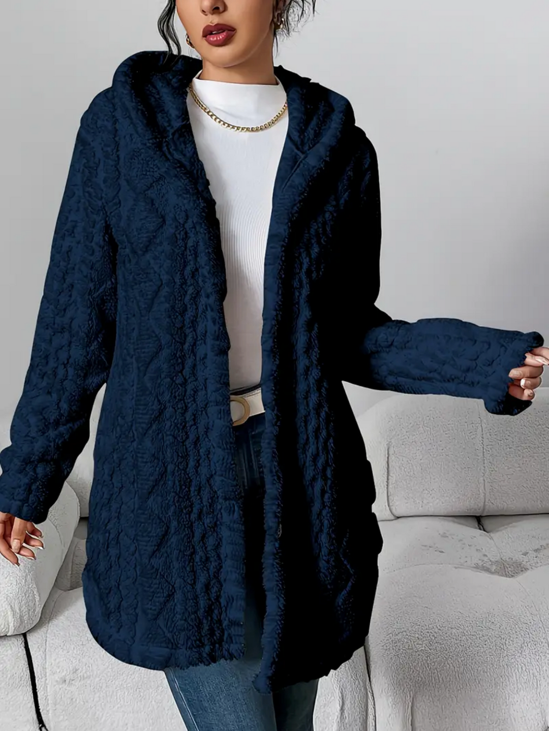Célvane | Manteau Femme à Capuche Laine Longue - Cream - Image 10