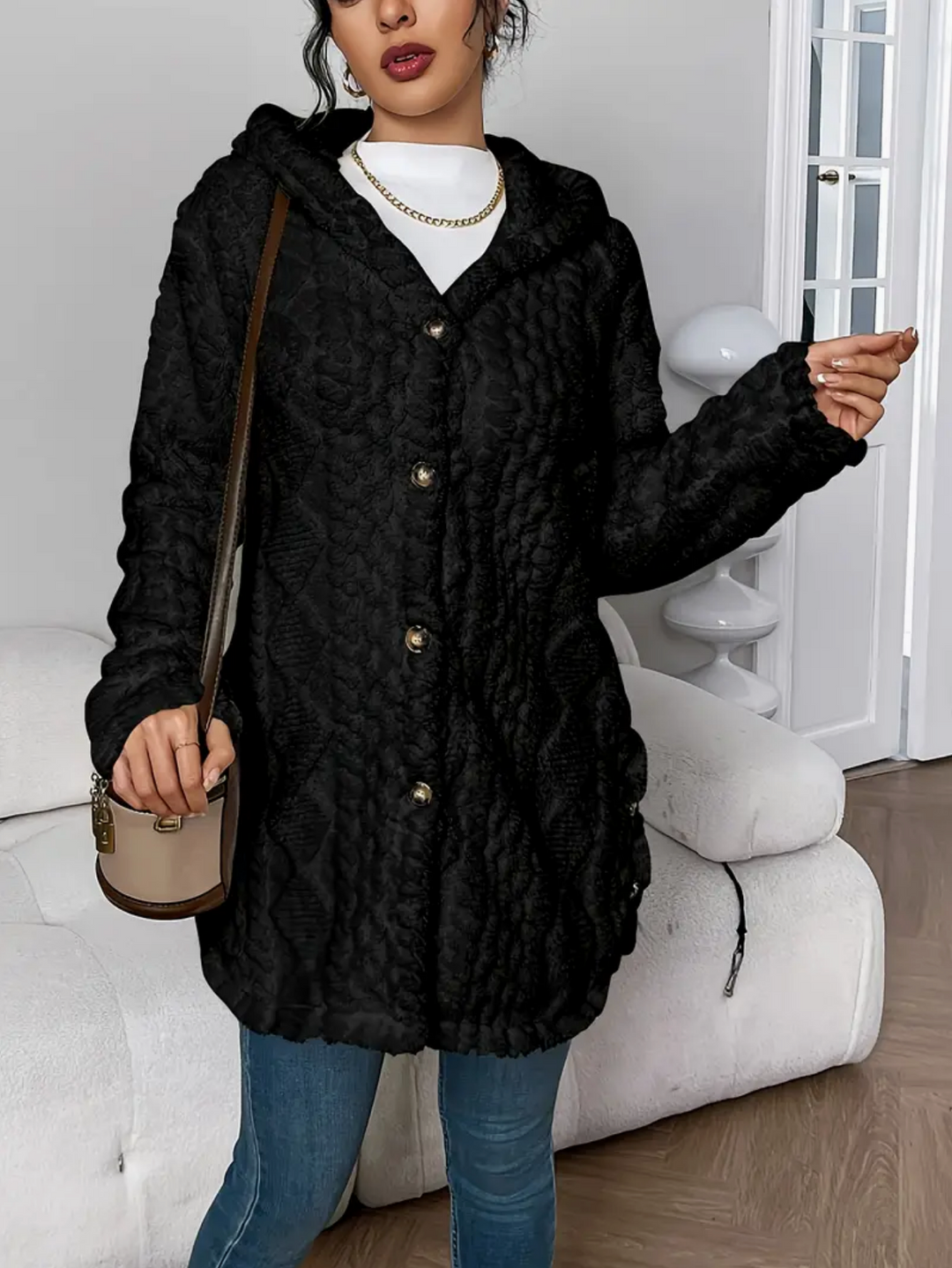 Célvane | Manteau Femme à Capuche Laine Longue - Cream - Image 13