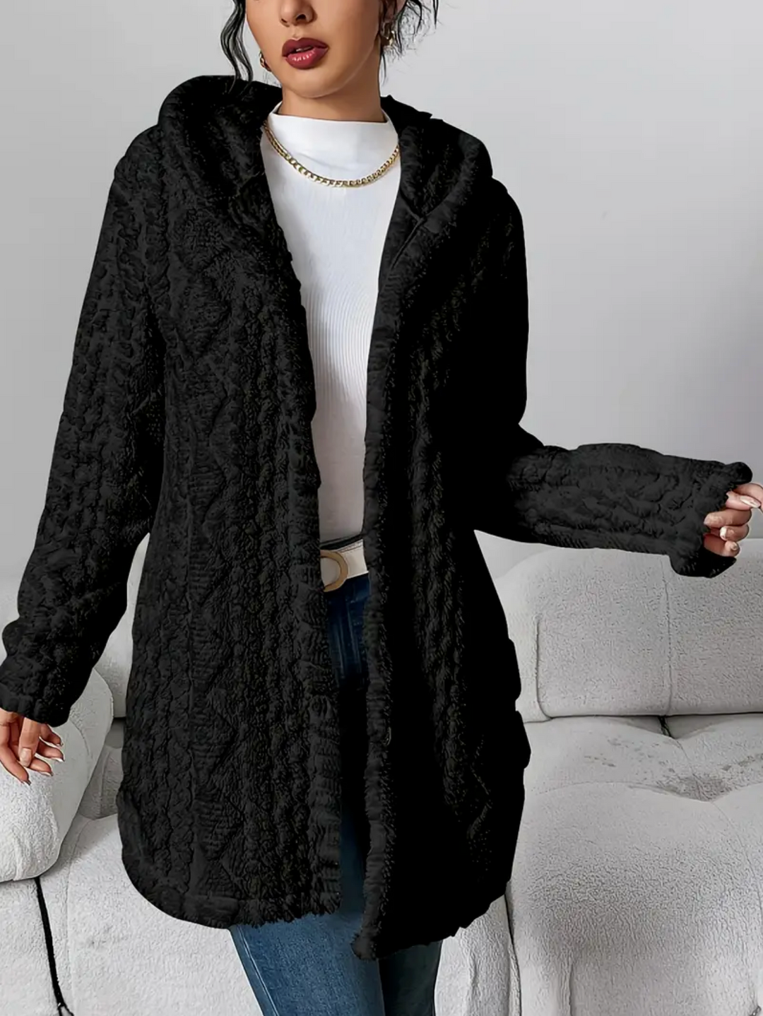 Célvane | Manteau Femme à Capuche Laine Longue - Cream - Image 14