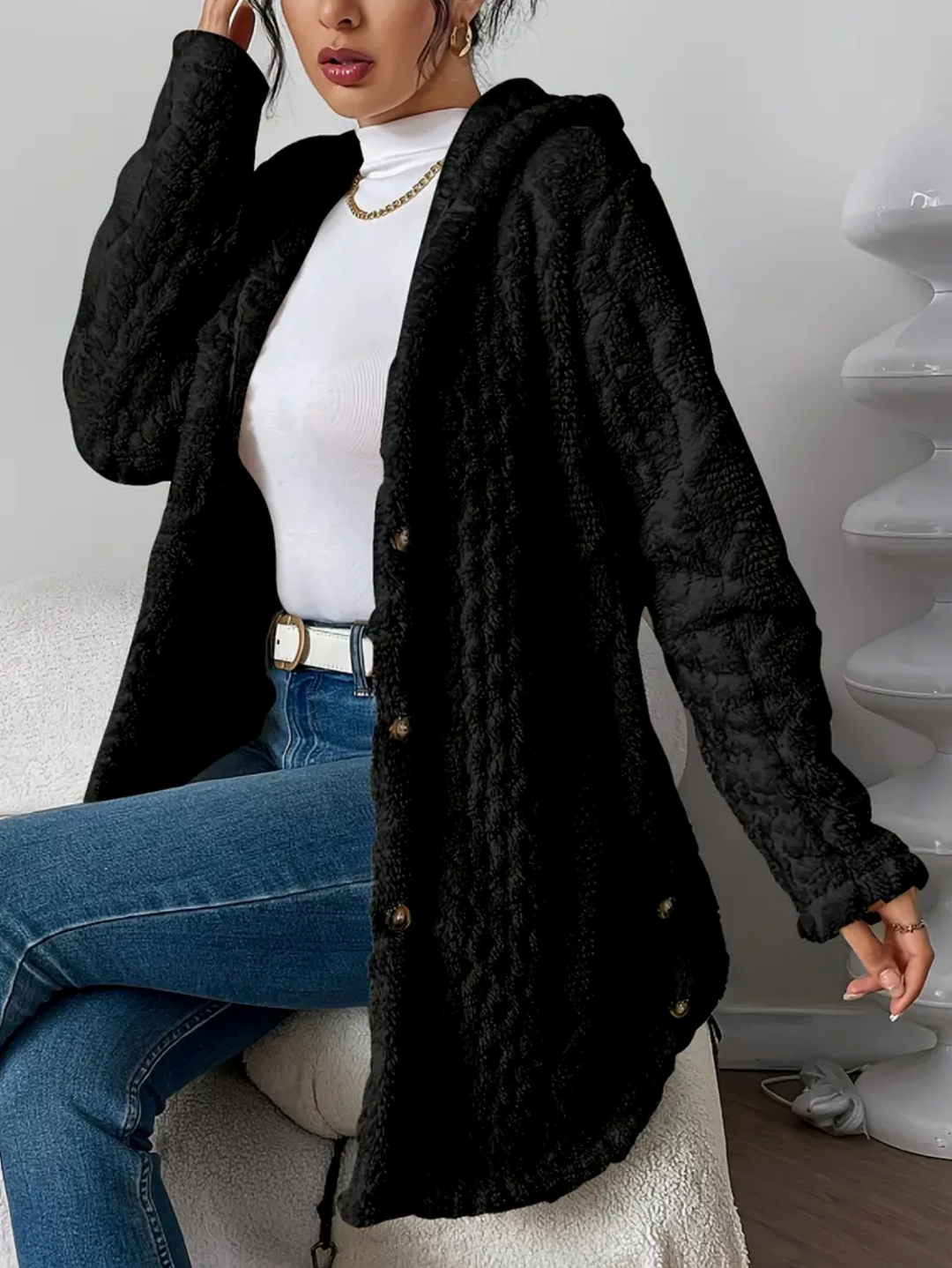 Célvane | Manteau Femme à Capuche Laine Longue - Cream - Image 3