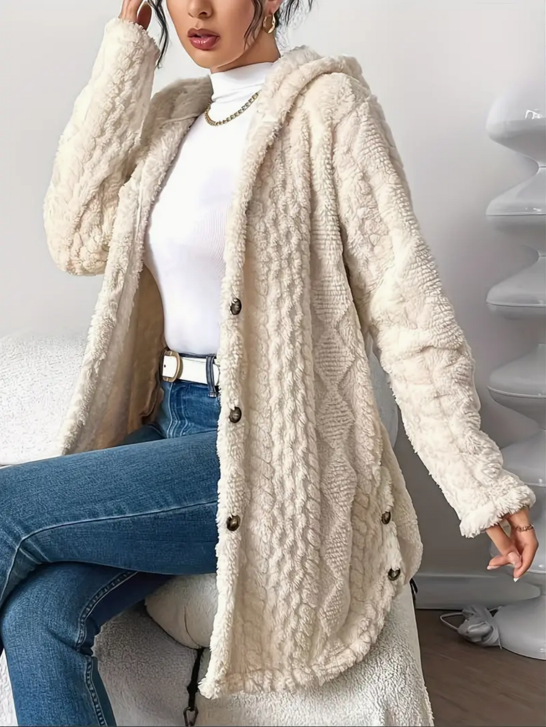 Célvane | Manteau Femme à Capuche Laine Longue - Cream - Image 5