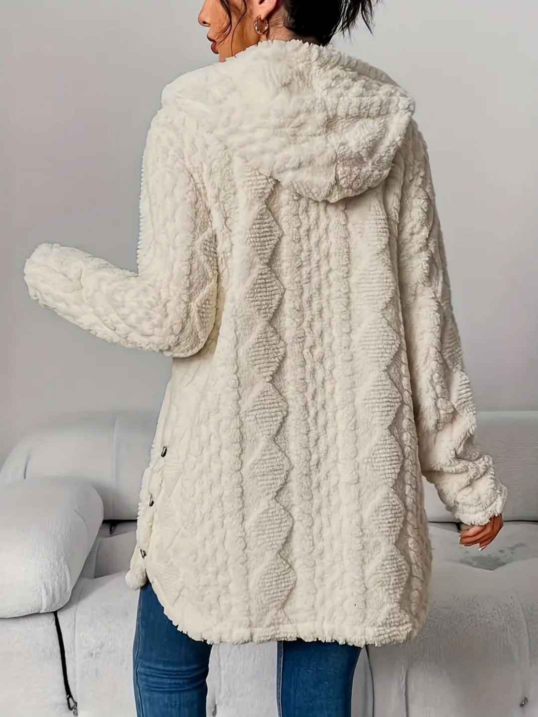 Célvane | Manteau Femme à Capuche Laine Longue - Cream - Image 6