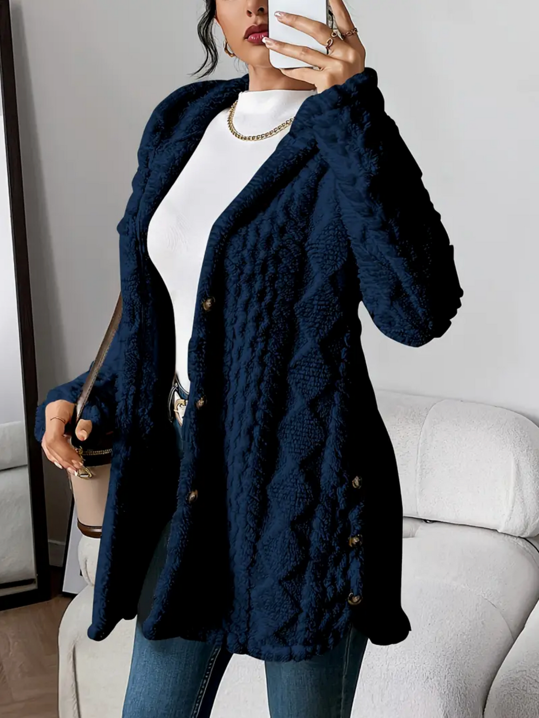 Célvane | Manteau Femme à Capuche Laine Longue - Cream - Image 7