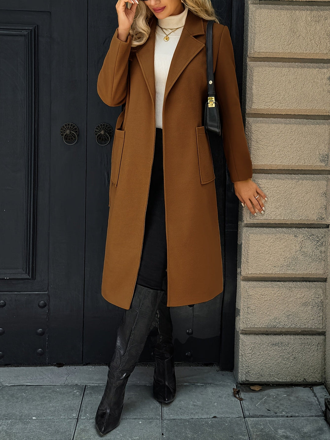Célvane | Manteau Long Femme Ceinturé Col Revers - Camel - Image 9