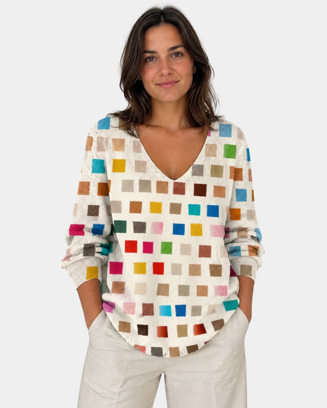 Célvane | Pull Femme Col en V Multicolore - Image 1