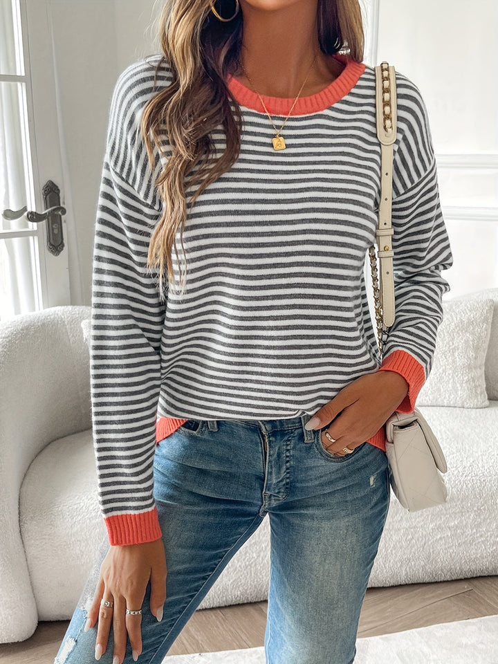 Célvane | Pull Femme Rayé Col Rond Manches Longues - Striped - Image 2