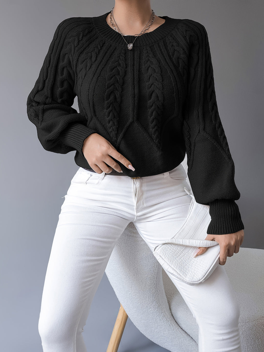Célvane | Pull Torsadé Femme Manches Lanternes - Black - Image 9