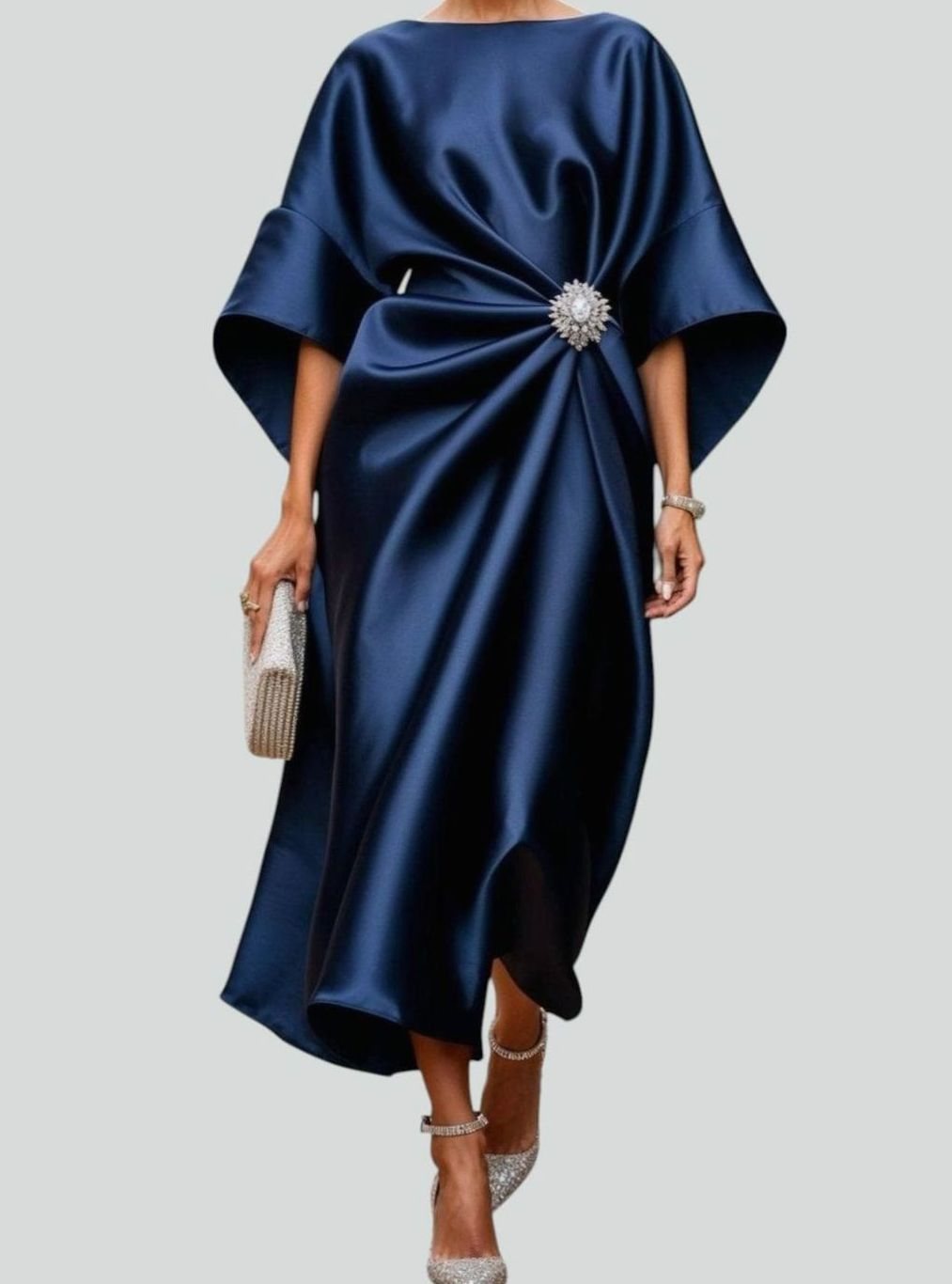 Célvhane | Femme Robe de Soirée Satin Midi Drapée - Navy - Image 1