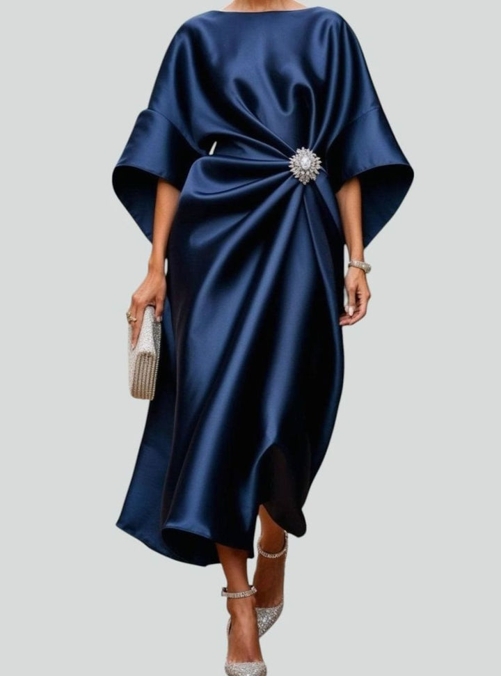 Célvhane | Femme Robe de Soirée Satin Midi Drapée - Navy - Image 1