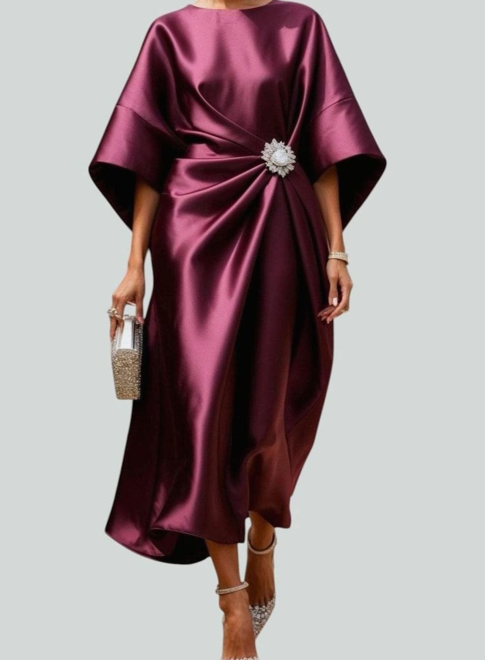 Célvhane | Femme Robe de Soirée Satin Midi Drapée - Navy - Image 2