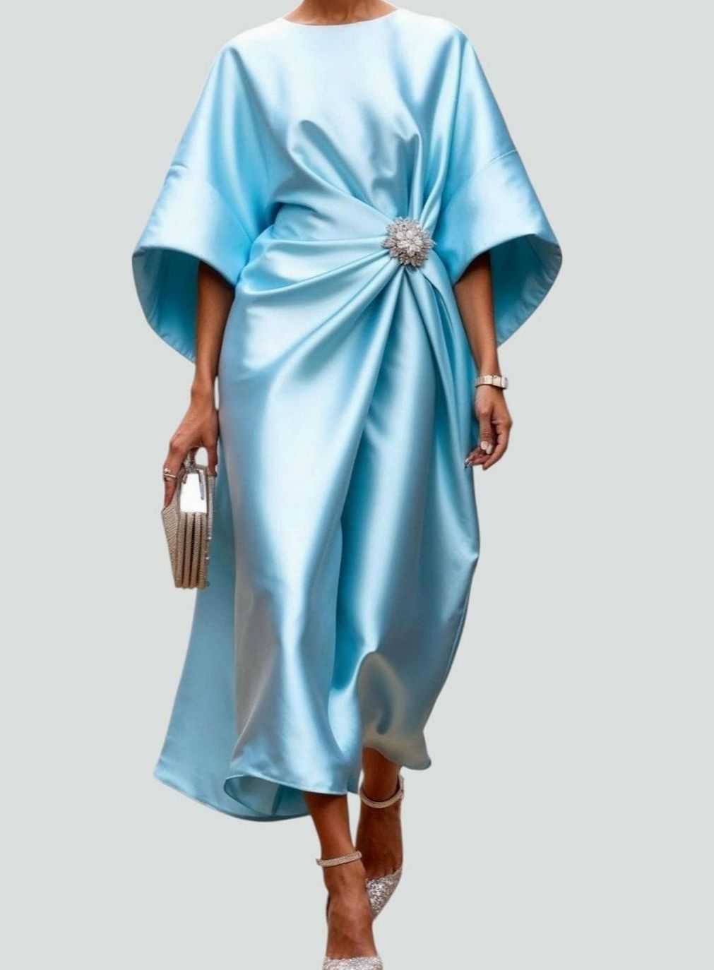 Célvhane | Femme Robe de Soirée Satin Midi Drapée - Navy - Image 3