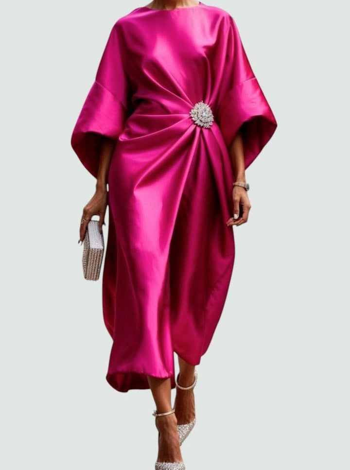 Célvhane | Femme Robe de Soirée Satin Midi Drapée - Navy - Image 4