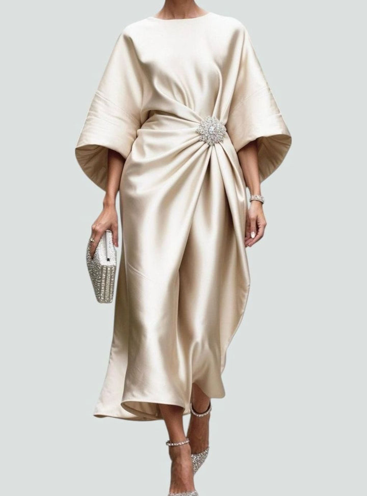 Célvhane | Femme Robe de Soirée Satin Midi Drapée - Navy - Image 6
