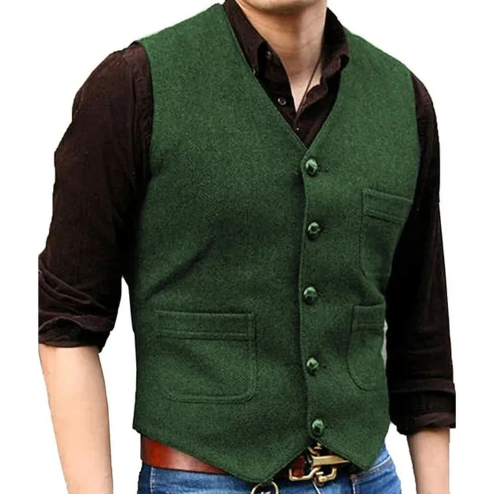 Corvien | Homme Gilet Tweed Boutonné Col V - Green - Image 1