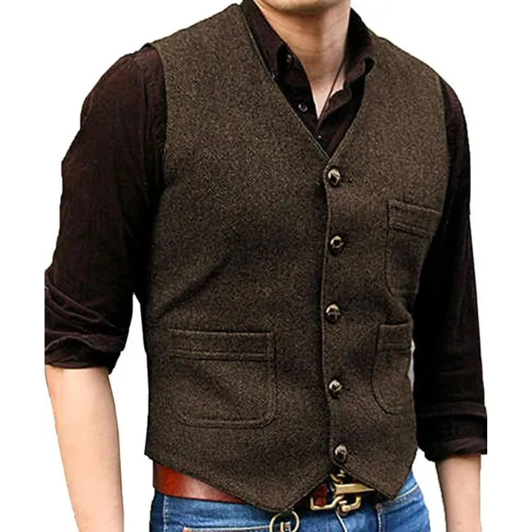 Corvien | Homme Gilet Tweed Boutonné Col V - Green - Image 6