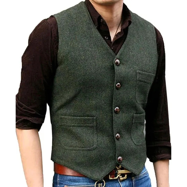 Corvien | Homme Gilet Tweed Boutonné Col V - Green - Image 7