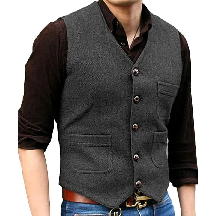 Corvien | Homme Gilet Tweed Boutonné Col V - Green - Image 8