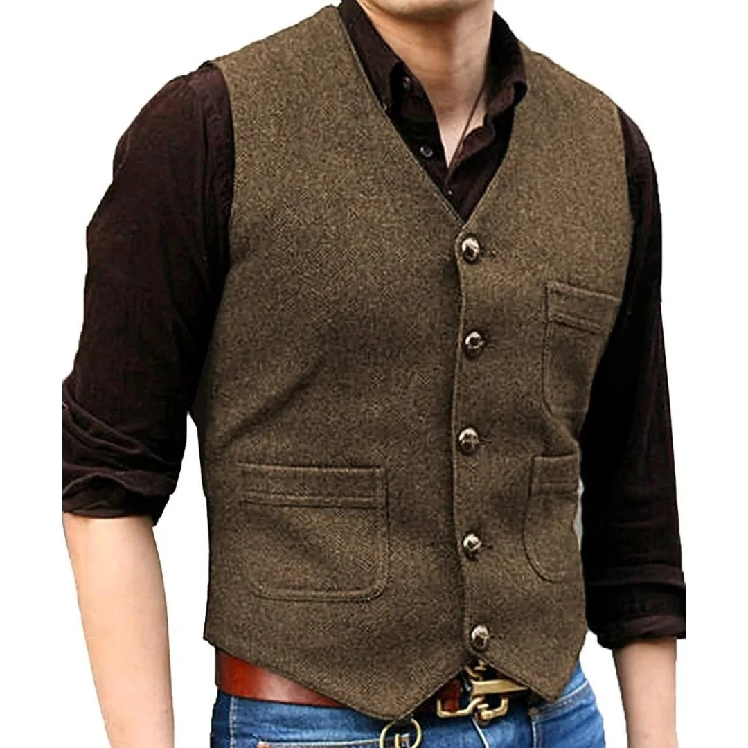 Corvien | Homme Gilet Tweed Boutonné Col V - Green - Image 9