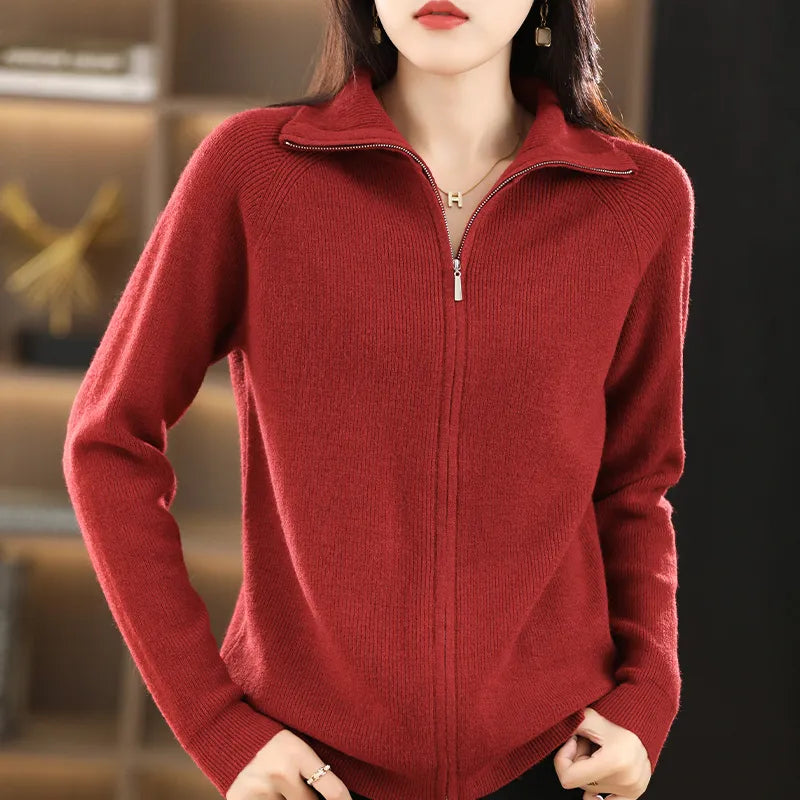 Darvhine | Femme Cardigan Zippé Col Montant Maille - Red - Image 1