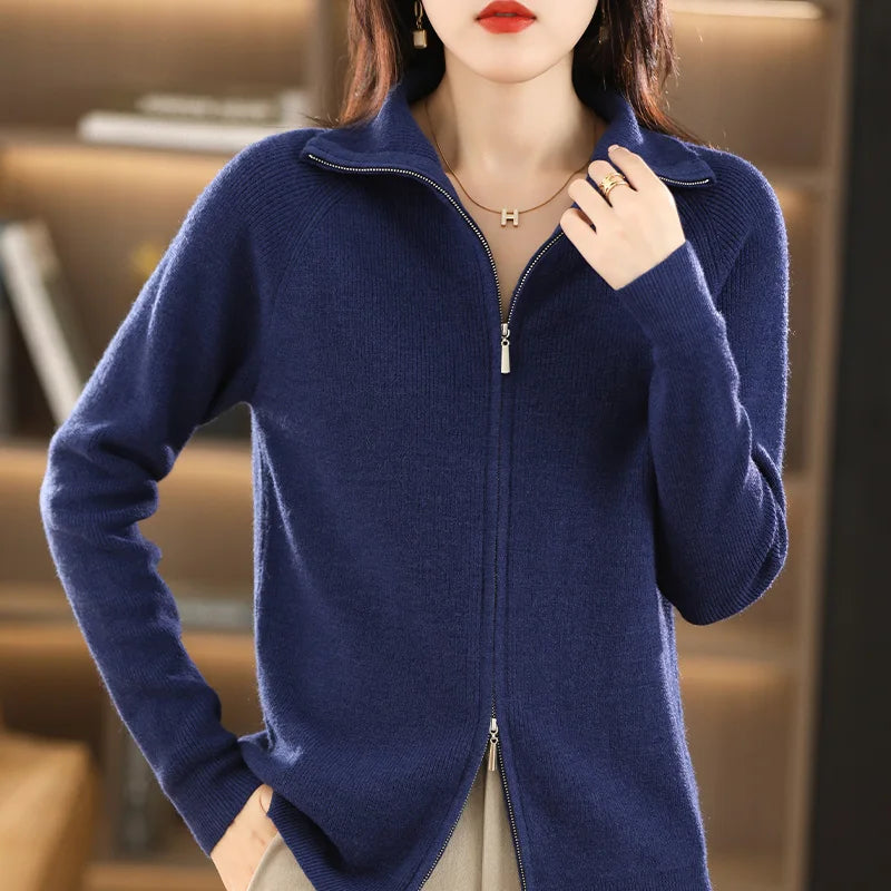 Darvhine | Femme Cardigan Zippé Col Montant Maille - Red - Image 2