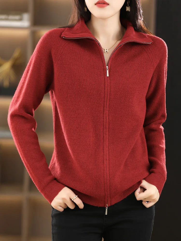 Darvhine | Femme Cardigan Zippé Col Montant Maille - Red - Image 8