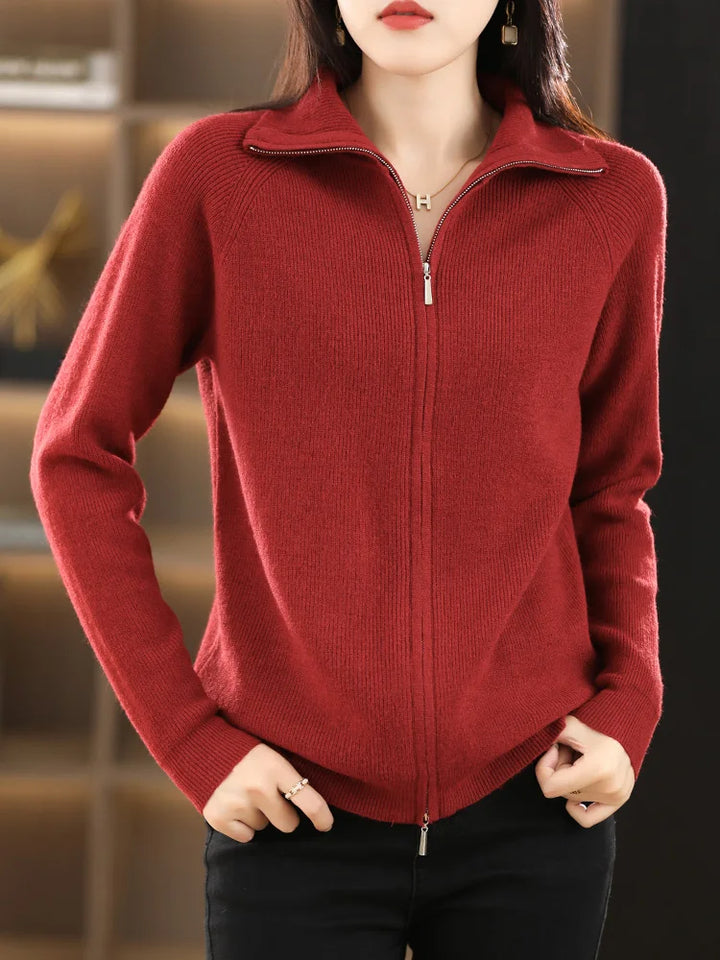 Darvhine | Femme Cardigan Zippé Col Montant Maille - Red - Image 8