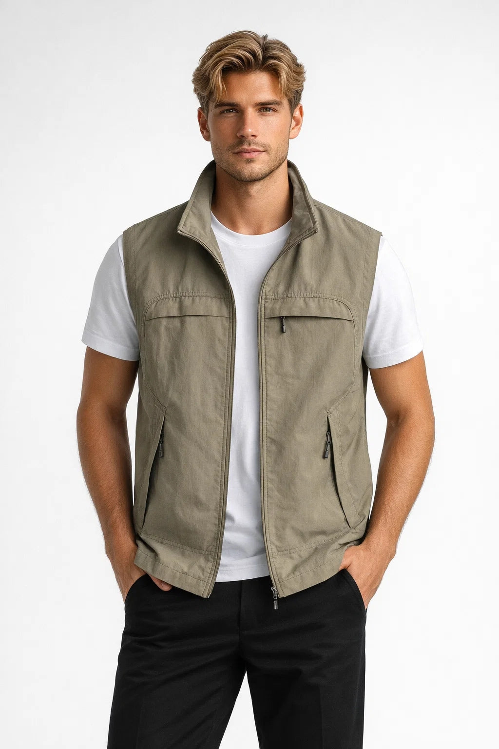 Darvion | Homme Gilet Sans Manches Col Montant - Khaki - Image 2