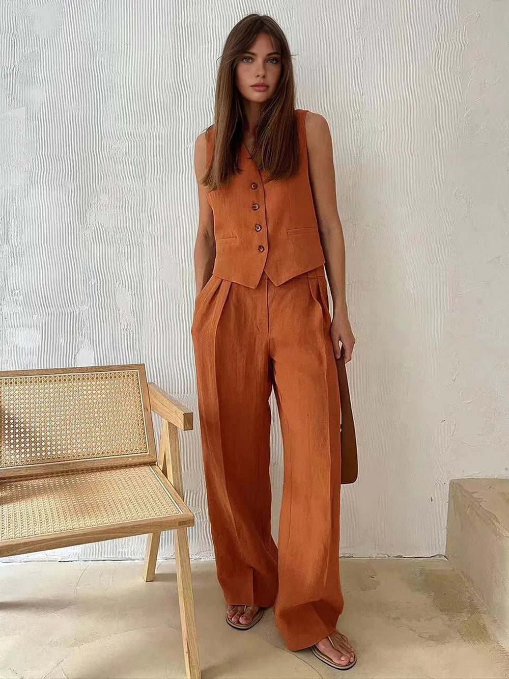 Delphine | Women's Sleeveless Vest Wide Leg Pants Set - Orange - Image 2