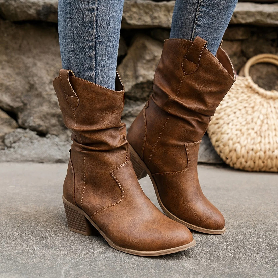 Delvara | Bottes Western Femme Mi-Mollet Talon Bloc - Brown - Image 1